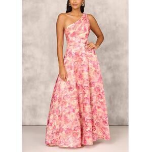 Aidan Mattox Red Multi Printed Jacquard One Shoulder Ball Gown Size 10